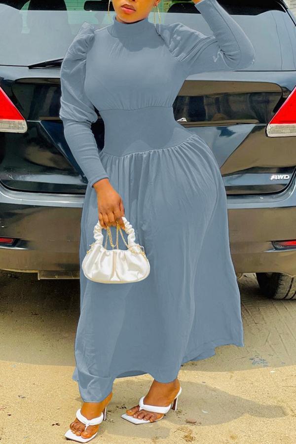 Solid High Neck Puff Sleeve Collect Waist Maxi Dress