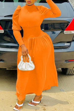 Solid High Neck Puff Sleeve Collect Waist Maxi Dress