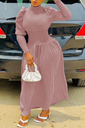 Solid High Neck Puff Sleeve Collect Waist Maxi Dress