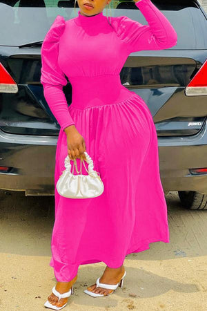 Solid High Neck Puff Sleeve Collect Waist Maxi Dress