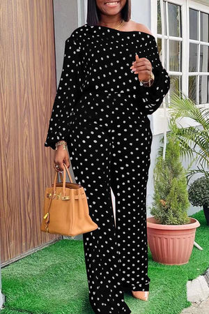 Fashion Polka Dot Oblique Collar Wide Leg Pants Set