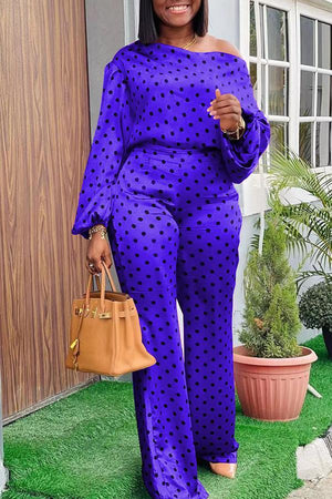 Fashion Polka Dot Oblique Collar Wide Leg Pants Set