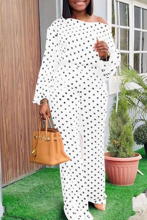 Fashion Polka Dot Oblique Collar Wide Leg Pants Set