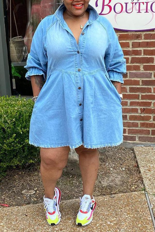 Denim Ruffle Raglan Sleeve Pocket Shirt Dress