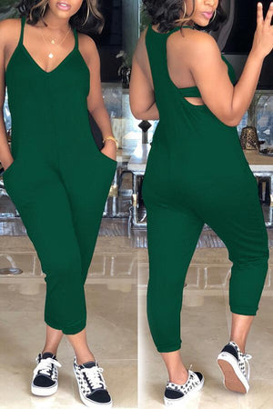 Fashion V  Neck Pocket Design Jumpsuits