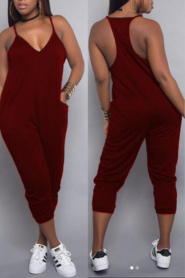 Fashion V  Neck Pocket Design Jumpsuits