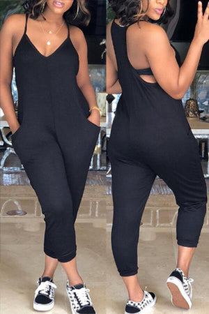 Fashion V  Neck Pocket Design Jumpsuits