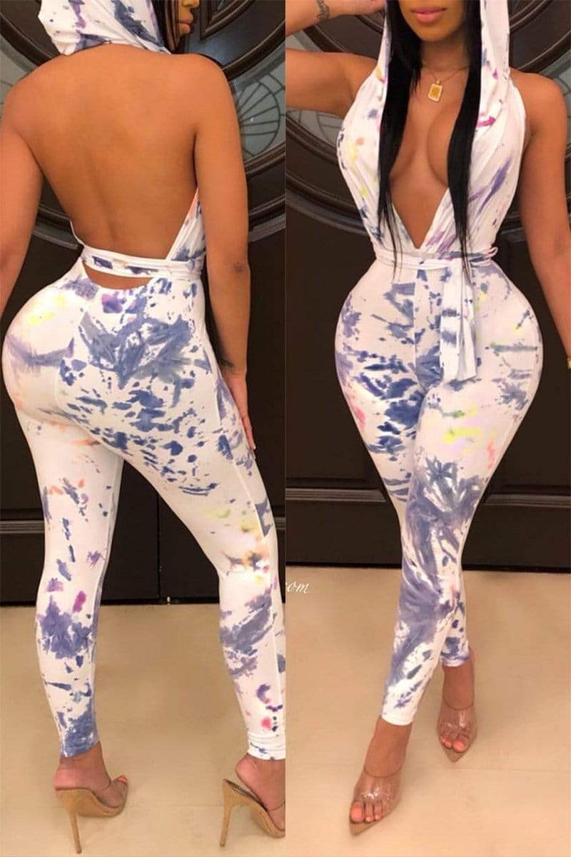 Backless Print Jumpsuits