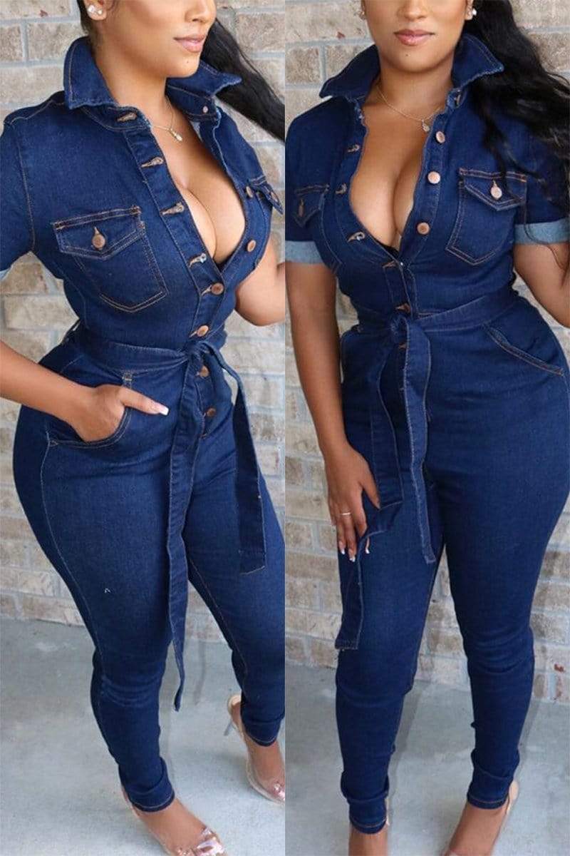 Casual Denim Solid Jumpsuits