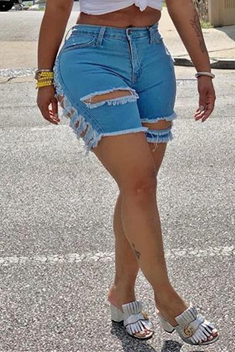 Stylish Tight Hole Denim Shorts