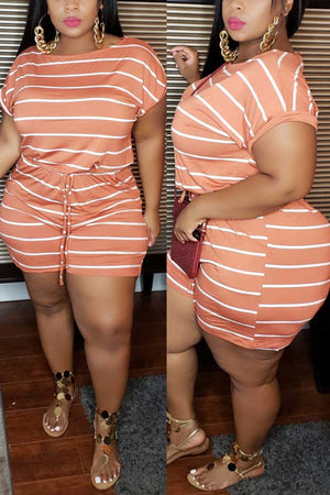 Casual Striped Print Plus Size Romper