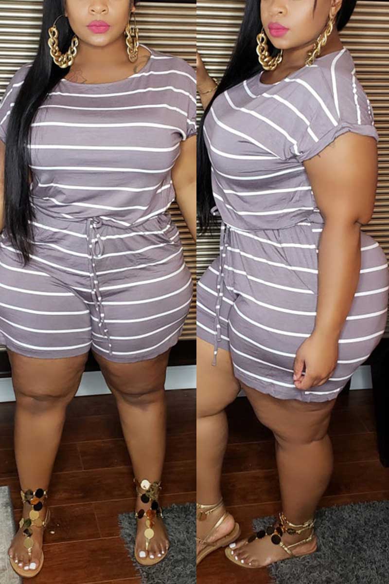 Casual Striped Print Plus Size Romper