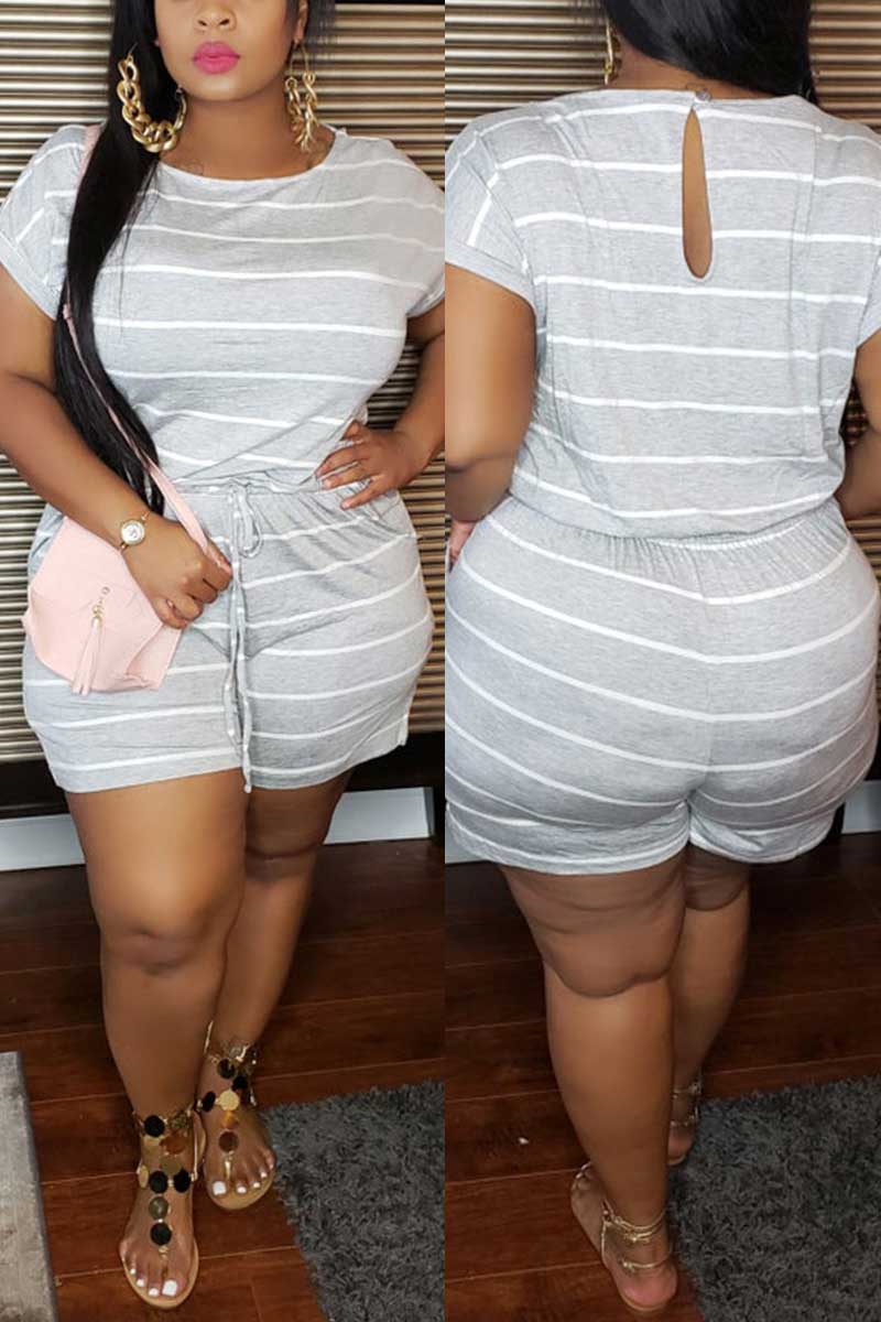 Casual Striped Print Plus Size Romper