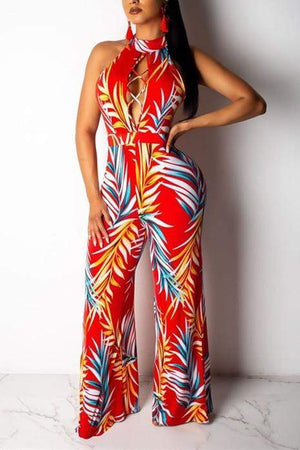 Sexy Hanging Neck Print Wide Leg Jumpsuit