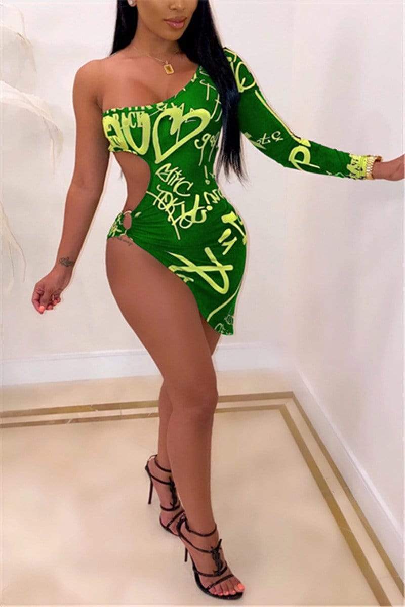 Sexy Letter Print Single Sleeve Dress