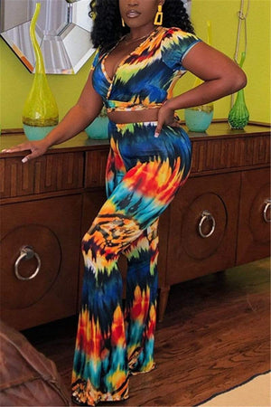 Print Short Sleeve Flare Pants Set