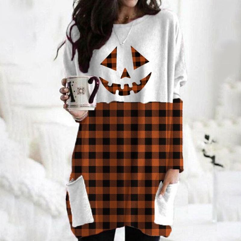 Halloween Skull Face Check Print Pocket Sweatshirt Dress