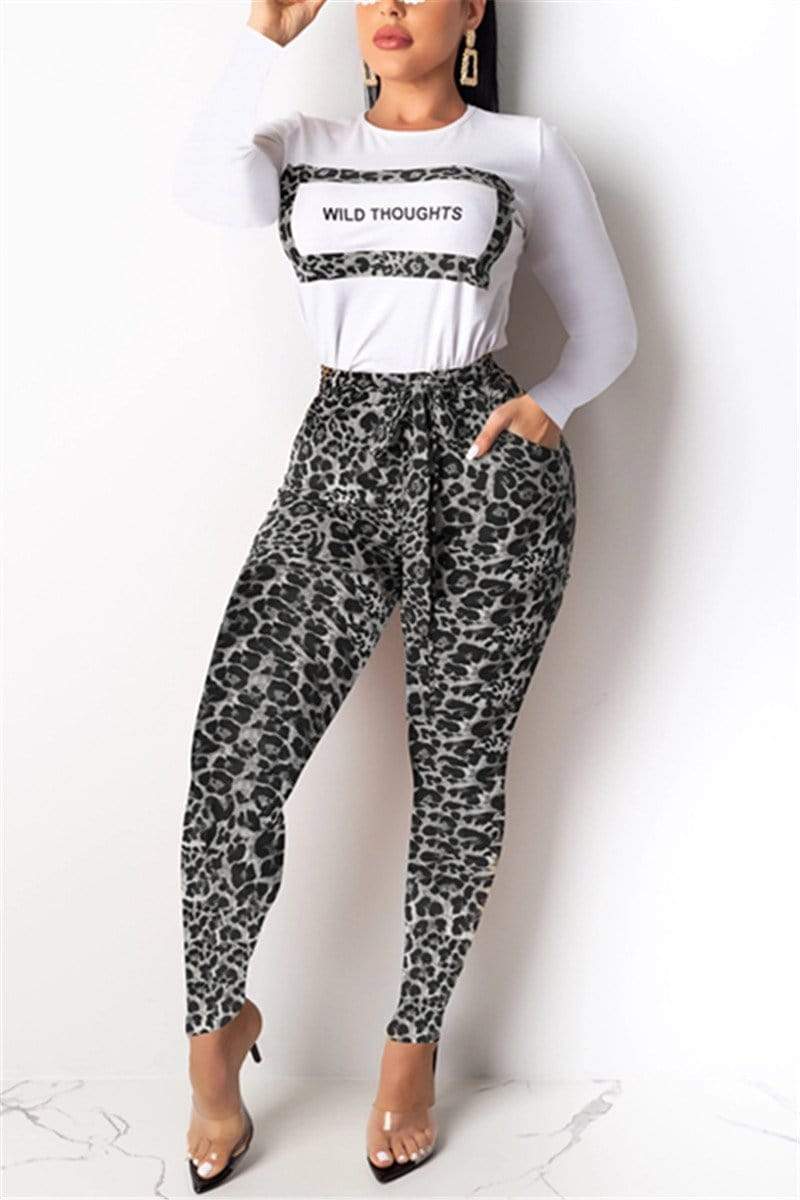 Round-Neck Long-Sleeved Leopard Print Letter Two-Piece