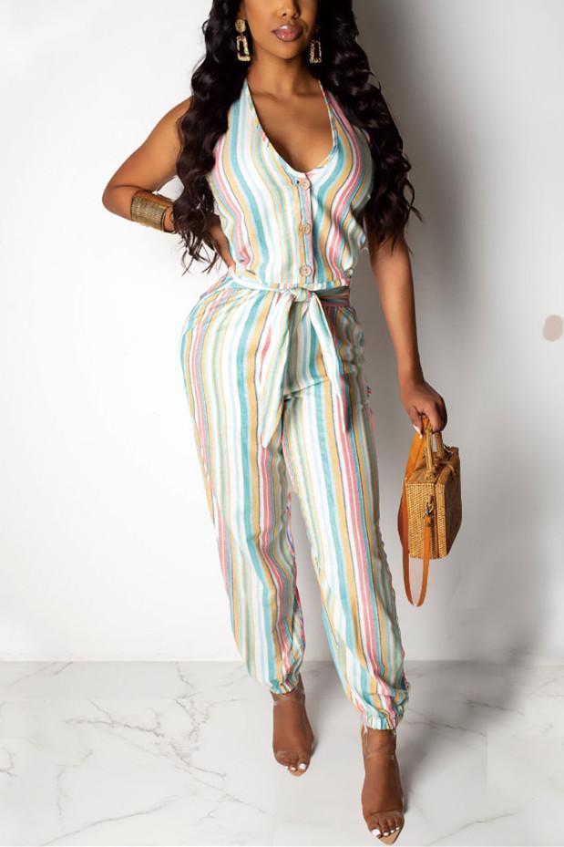 Fashion Casual Striped Print Jumpsuit - VogueRegion