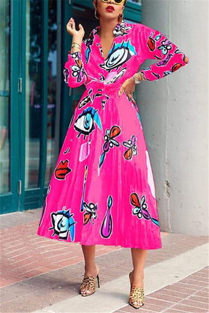 Print Long-Sleeved Shirt Pleated Skirt Set