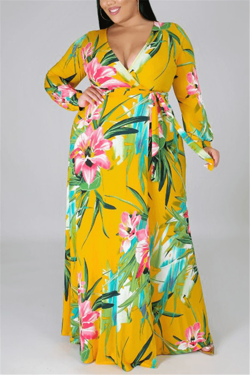 Fashion Casual Plus Size V Neck Flower Print Dress