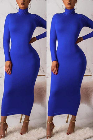 Fashion High Neck Long Sleeve Dress - VogueRegion
