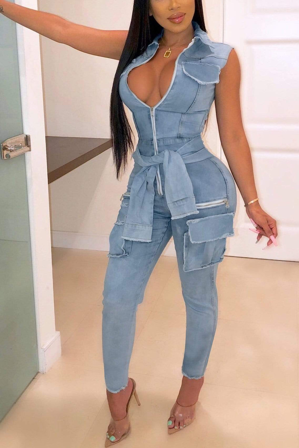 Fake Sleeve Tie Button Denim Jumpsuit