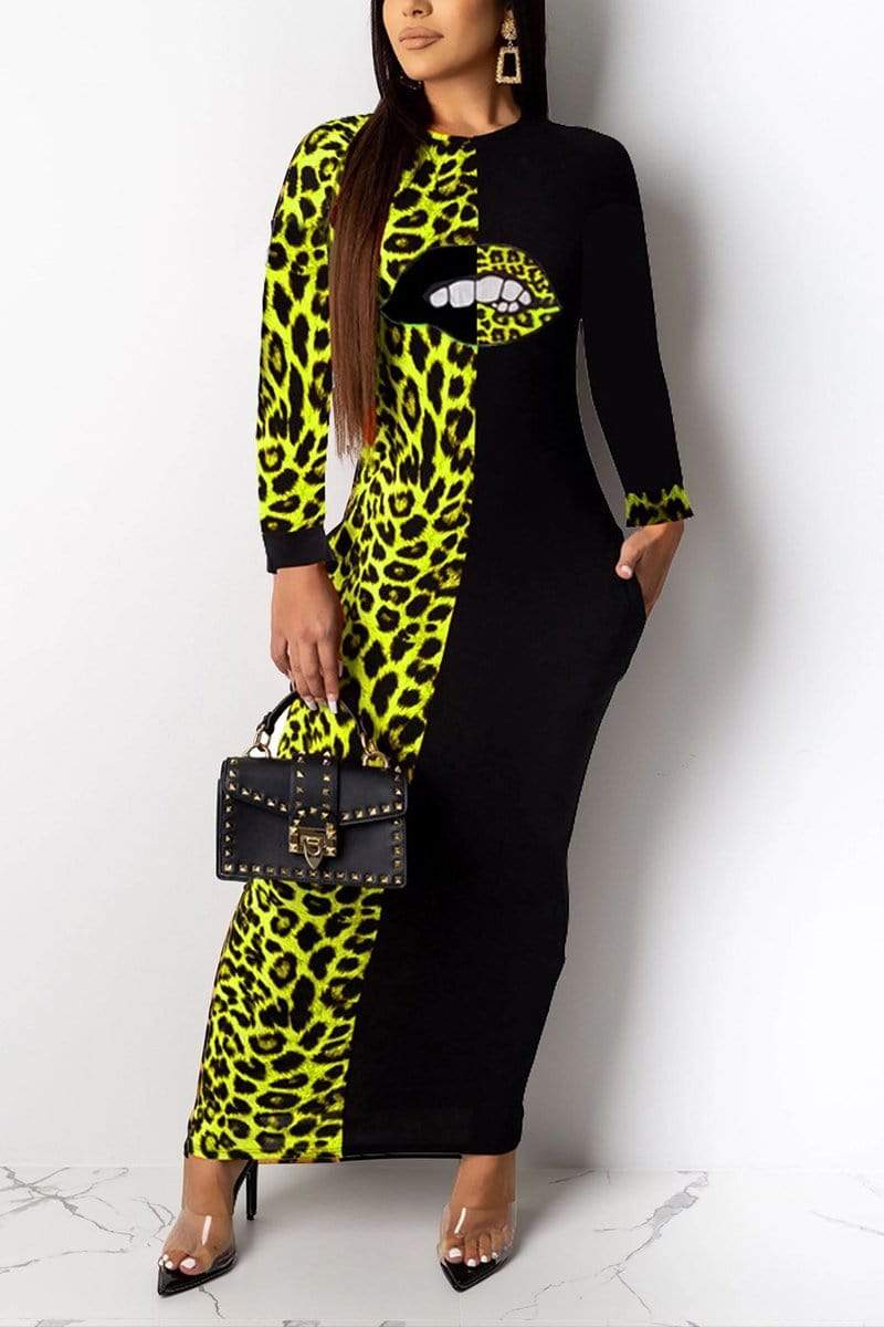 Fashion Casual Lips Print Leopard Dress