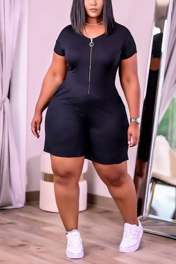 Casaul Plus Size Solid Color Zipper Romper
