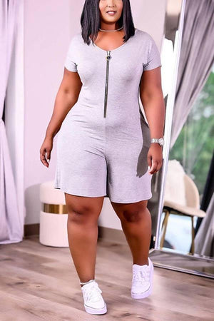 Casaul Plus Size Solid Color Zipper Romper