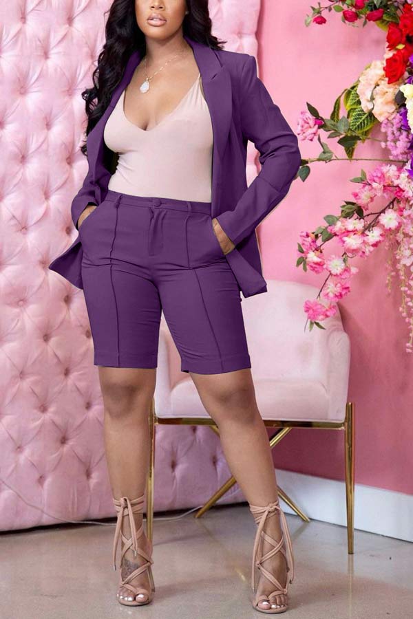 Casual Business Solid Color Blazer Shorts Set