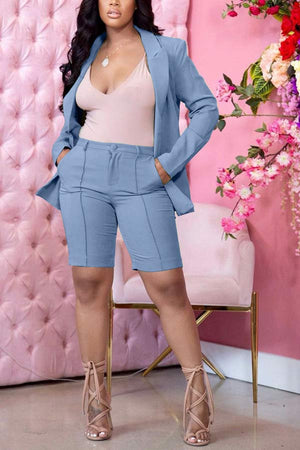 Casual Business Solid Color Blazer Shorts Set