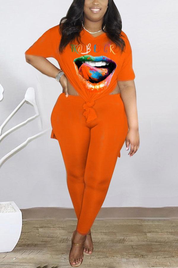Casual Colorful Lips Print Loose T-shirt Pants Set