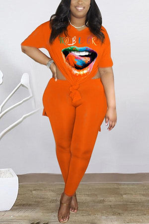 Casual Colorful Lips Print Loose T-shirt Pants Set