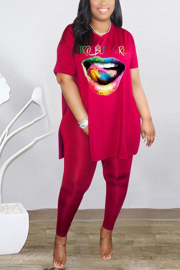 Casual Colorful Lips Print Loose T-shirt Pants Set