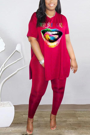 Casual Colorful Lips Print Loose T-shirt Pants Set