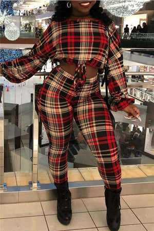 Casual Daily Plaid Print Plus Size Two Pieces