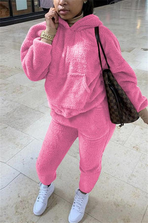 Casual Hooded Collar Solid Plus Size Set