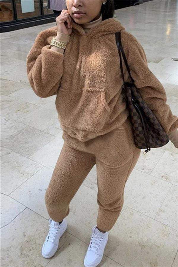 Casual Hooded Collar Solid Plus Size Set