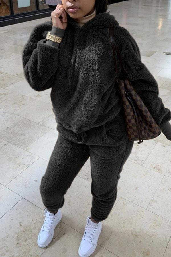 Casual Hooded Collar Solid Plus Size Set