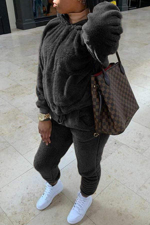 Casual Hooded Collar Solid Plus Size Set