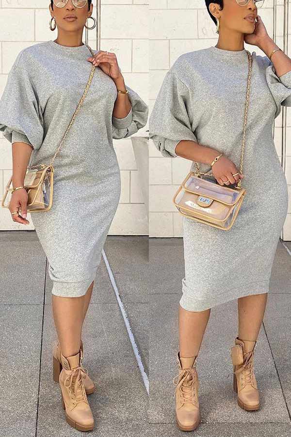 Casual Lantern Sleeve Solid Straight Dress