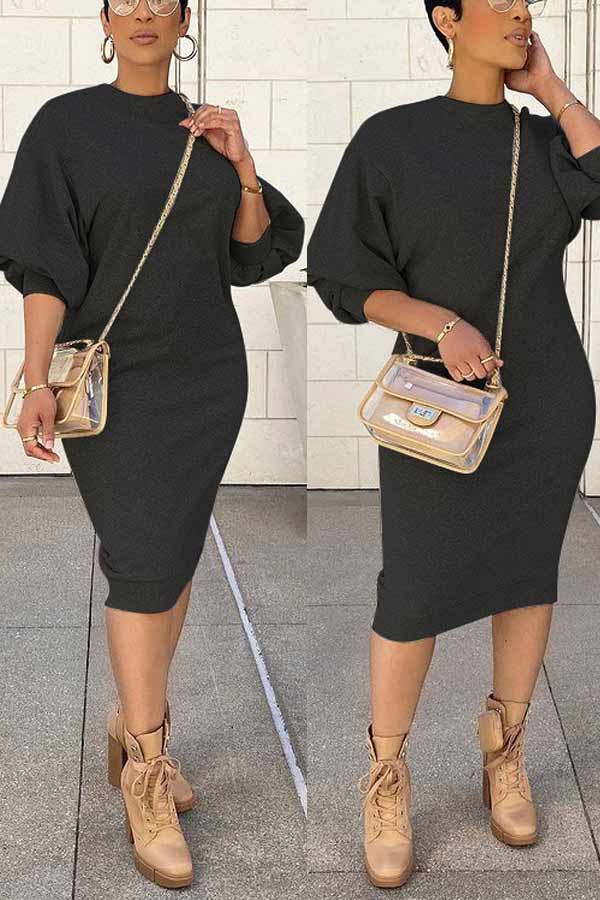 Casual Lantern Sleeve Solid Straight Dress