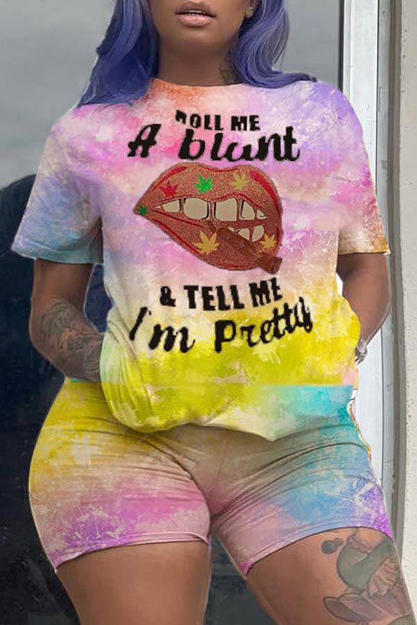 Casual Letter Lips Print Plus Size Shorts Set