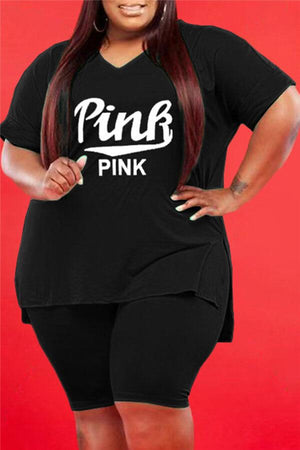 Casual Letter Print V Neck Plus Size Shorts Set
