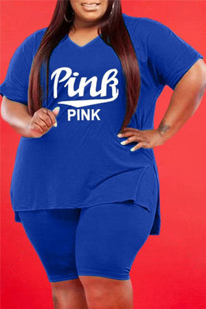 Casual Letter Print V Neck Plus Size Shorts Set