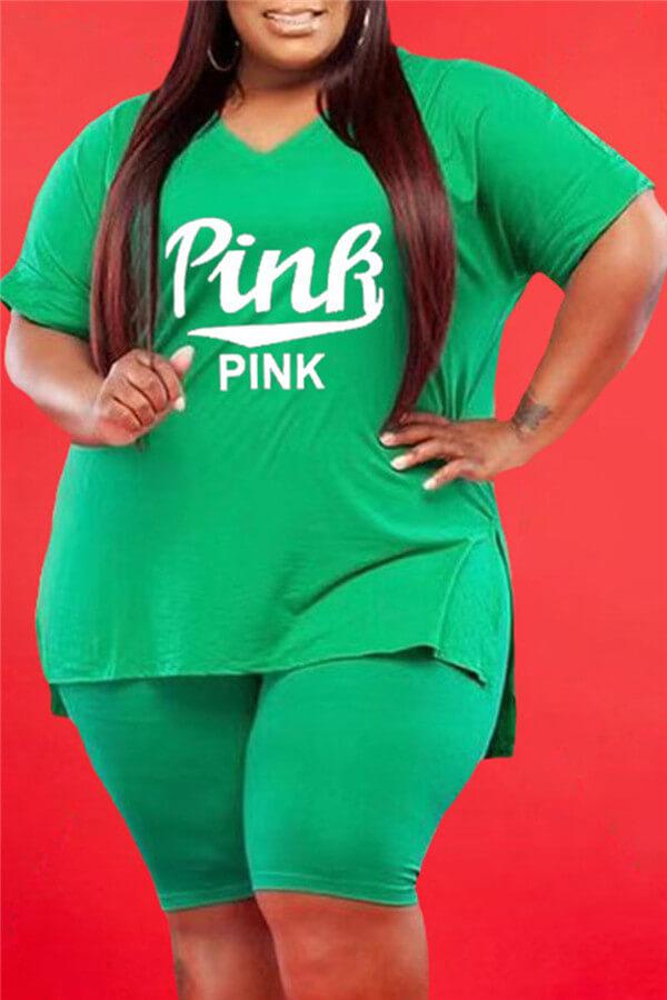 Casual Letter Print V Neck Plus Size Shorts Set