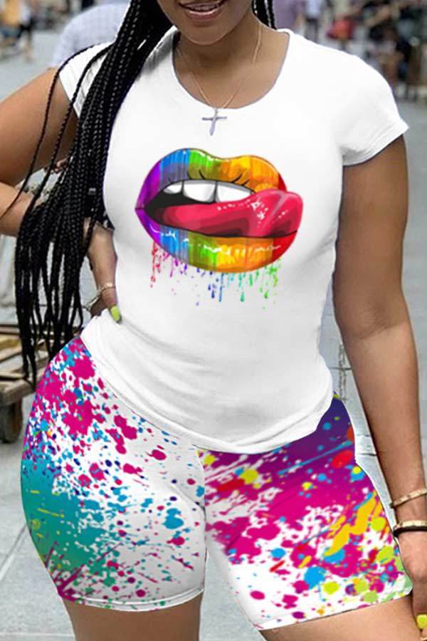 Casual Lips Print Short Sleeve T-shirt Shorts Set