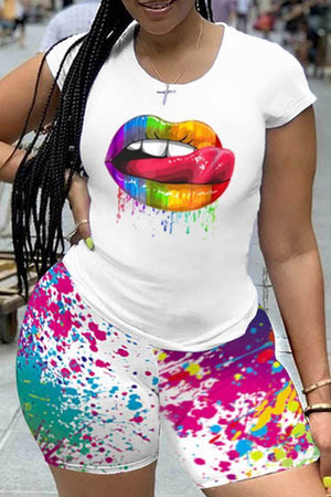 Casual Lips Print Short Sleeve T-shirt Shorts Set