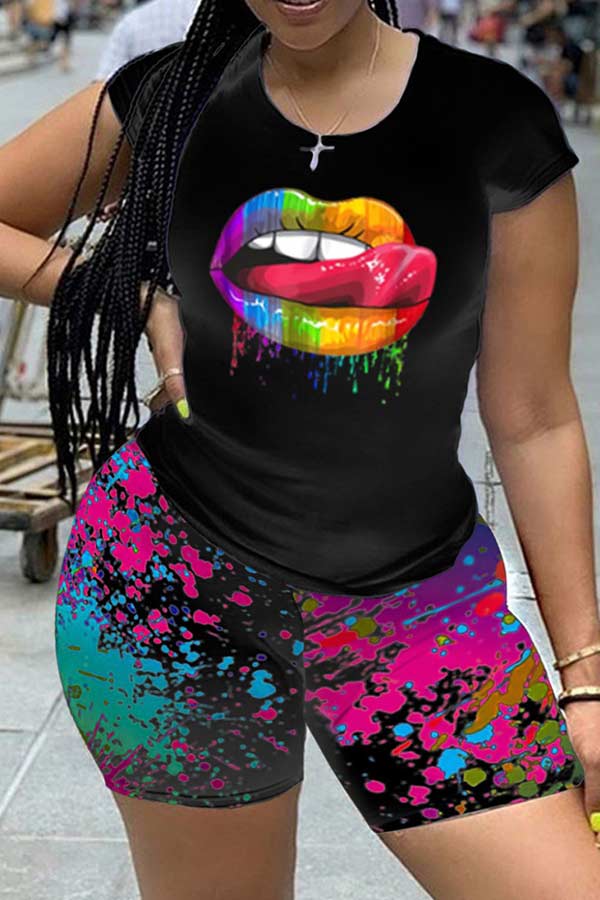 Casual Lips Print Short Sleeve T-shirt Shorts Set